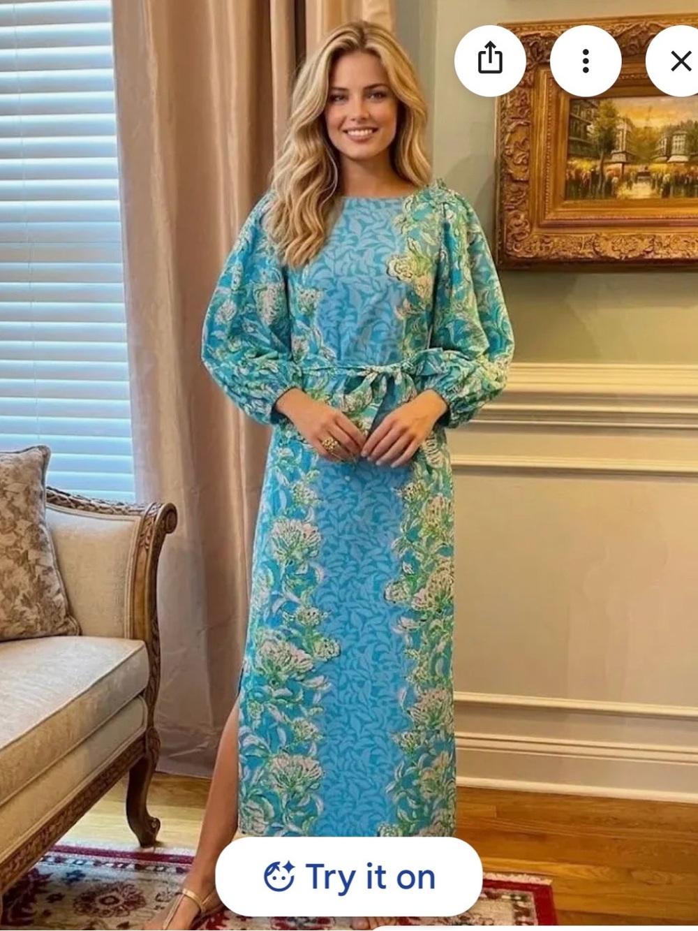 NWT Lilly Pulitzer Turquoise Floral Maxi Dress with Puff Sleeves. Sash included.